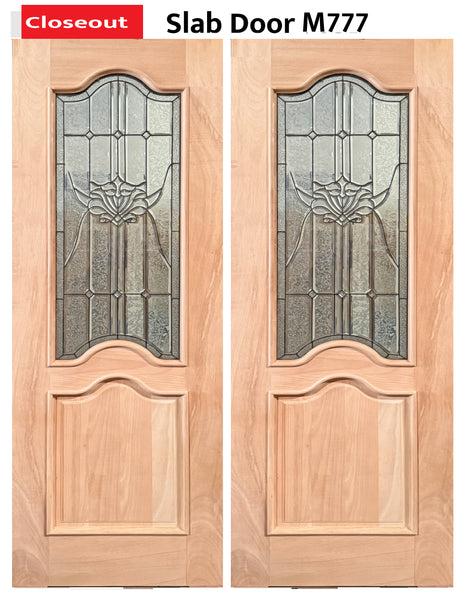 Exterior double solid wood entry doors with classic panel design, front view
