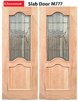Exterior double solid wood entry doors with classic panel design, front view