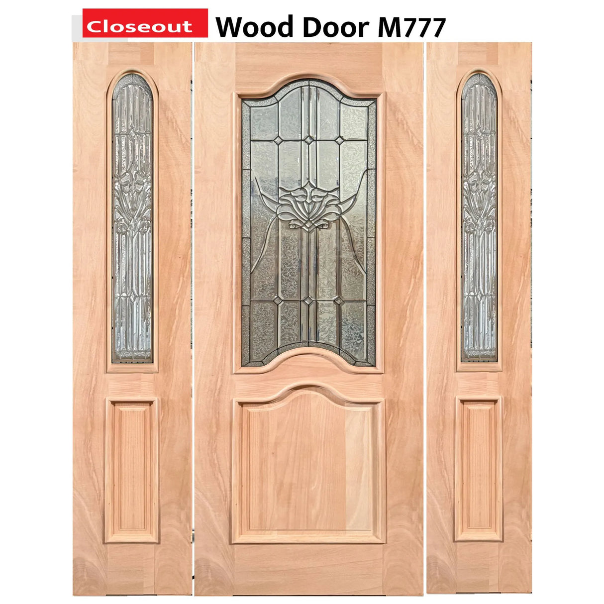Exterior solid wood entry door with two sidelights and classic panel 