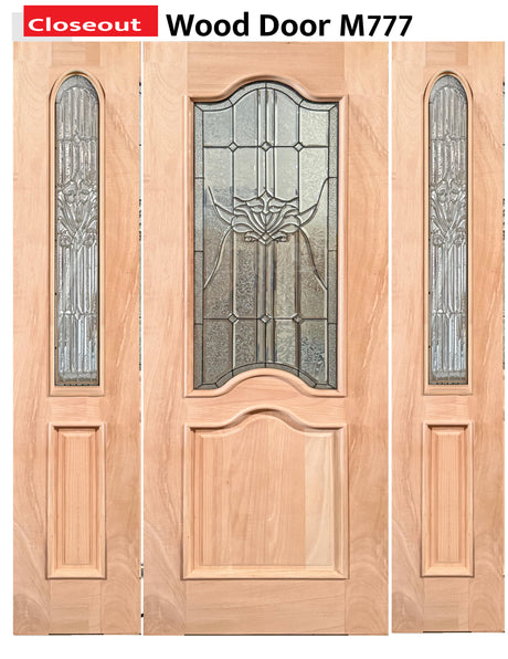 Exterior solid wood entry door with two sidelights and classic panel design
