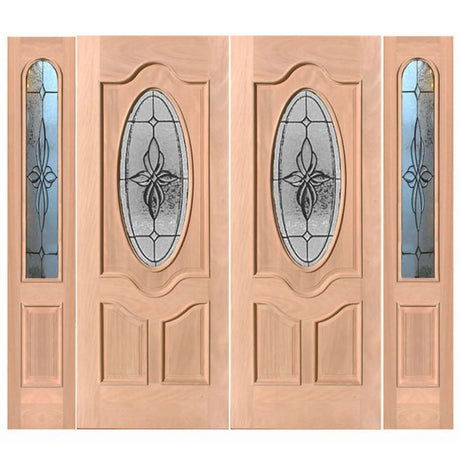 Exterior double solid wood entry doors with sidelights and classic panel design