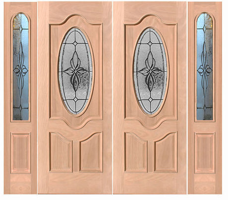 Exterior double solid wood entry doors with sidelights and classic panel design