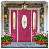 Exterior solid wood entry door with two sidelights and classic panel design