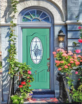 Exterior solid wood slab entry door with classic panel design, front view