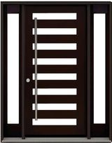 Double front entry door with decorative glass panels and classic panel design, straight-on view