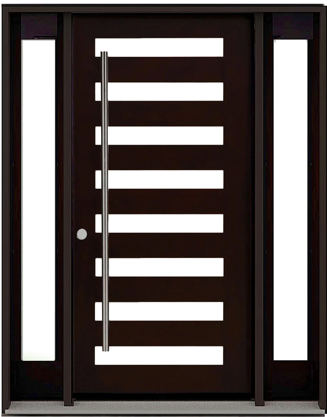 Double front entry door with decorative glass panels and classic panel design, straight-on view