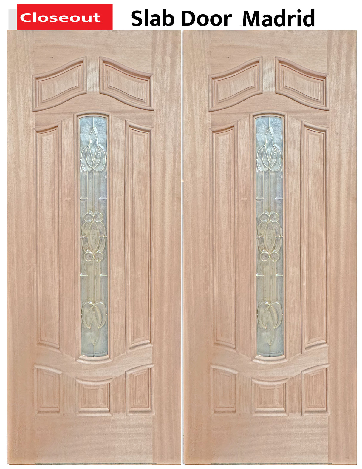 Exterior double solid wood entry doors with classic panel design, front view