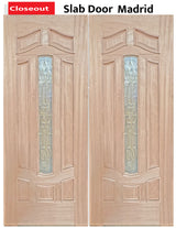 Exterior double solid wood entry doors with classic panel design, front view