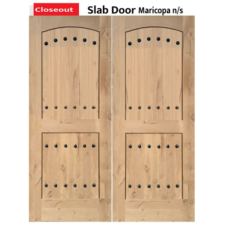Exterior double solid wood entry doors with classic panel design, front view
