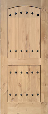 Exterior solid wood slab entry door with classic panel design, front view