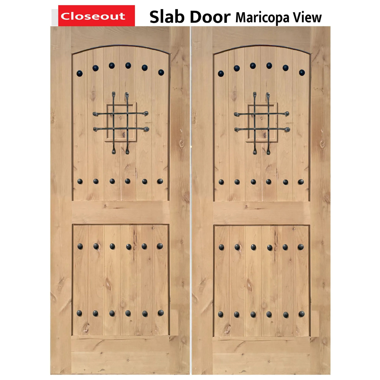 Exterior double solid wood entry doors with classic panel design, front view