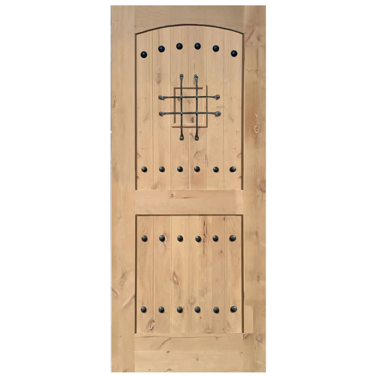 Exterior solid wood slab entry door with classic panel design, front view