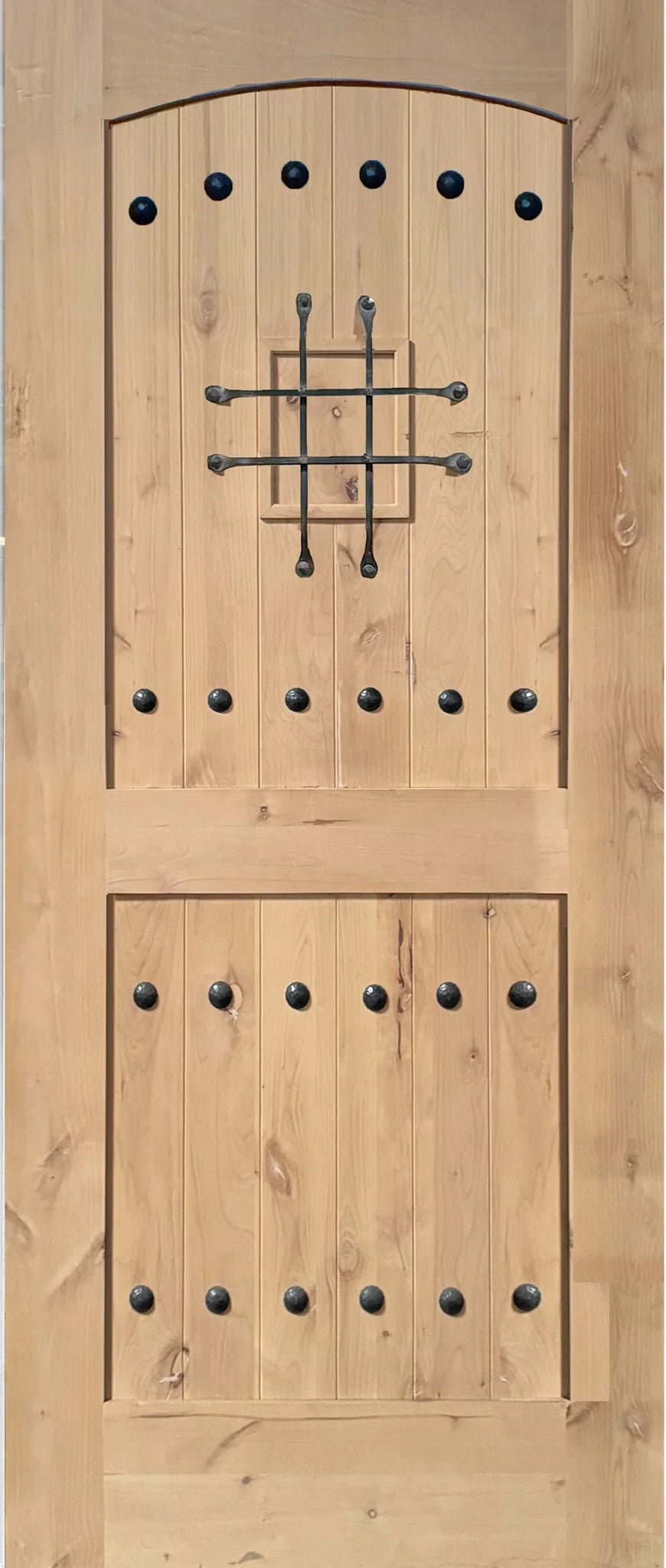 Exterior solid wood slab entry door with classic panel design, front view