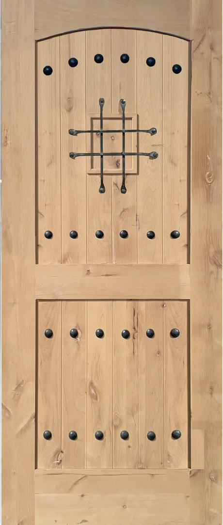 Exterior solid wood slab entry door with classic panel design, front view
