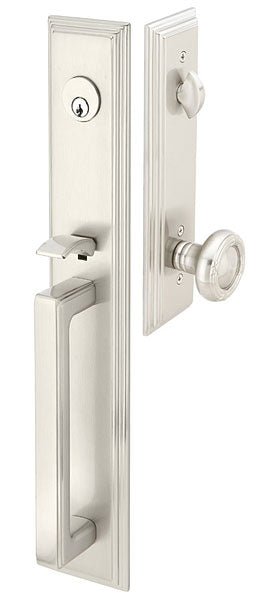 Front entry door handle set with deadbolt and grip handle, exterior hardware, front view