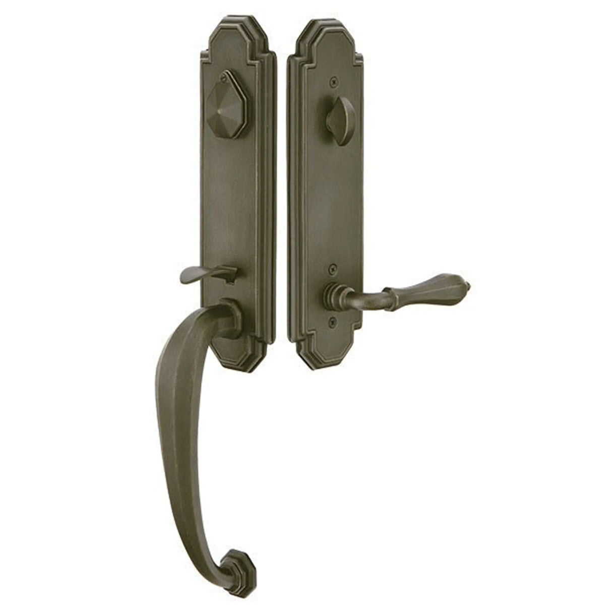 Front entry door handle set with deadbolt and grip handle, exterior door hardware, front view