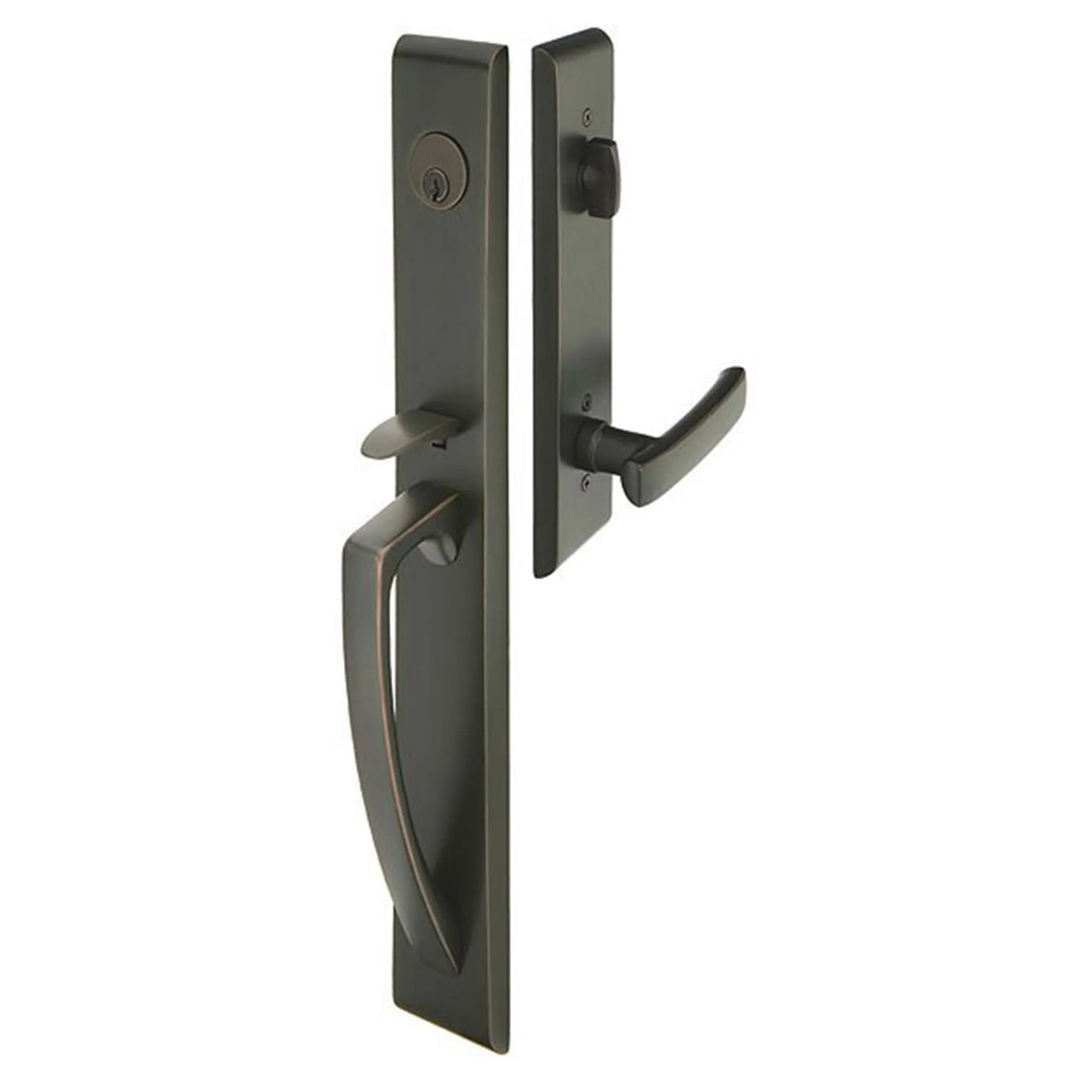 Dark bronze front entry door handle set with deadbolt and grip handle, exterior door hardware, front view
