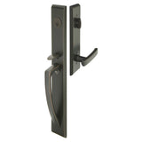 Dark bronze front entry door handle set with deadbolt and grip handle, exterior door hardware, front view