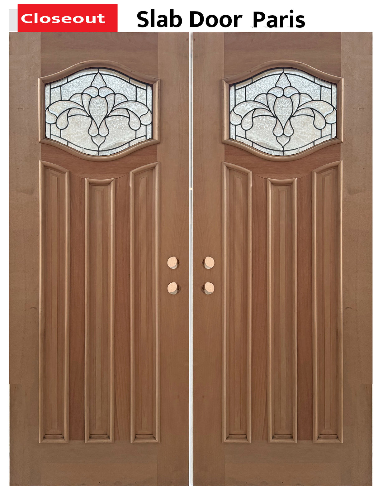 Exterior double solid wood entry doors with classic panel design, front view
