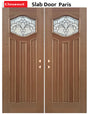 Exterior double solid wood entry doors with classic panel design, front view