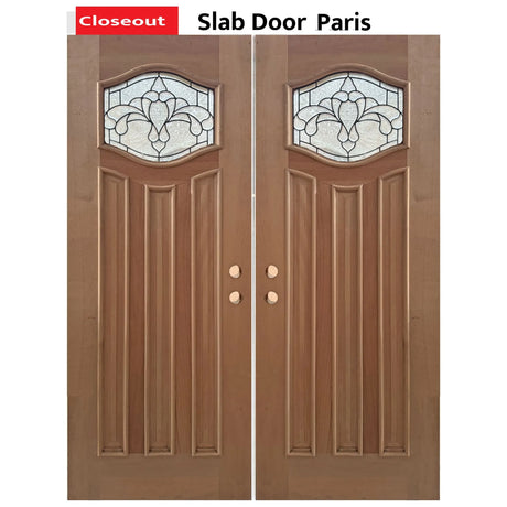 Exterior double solid wood entry doors with classic panel design, front view