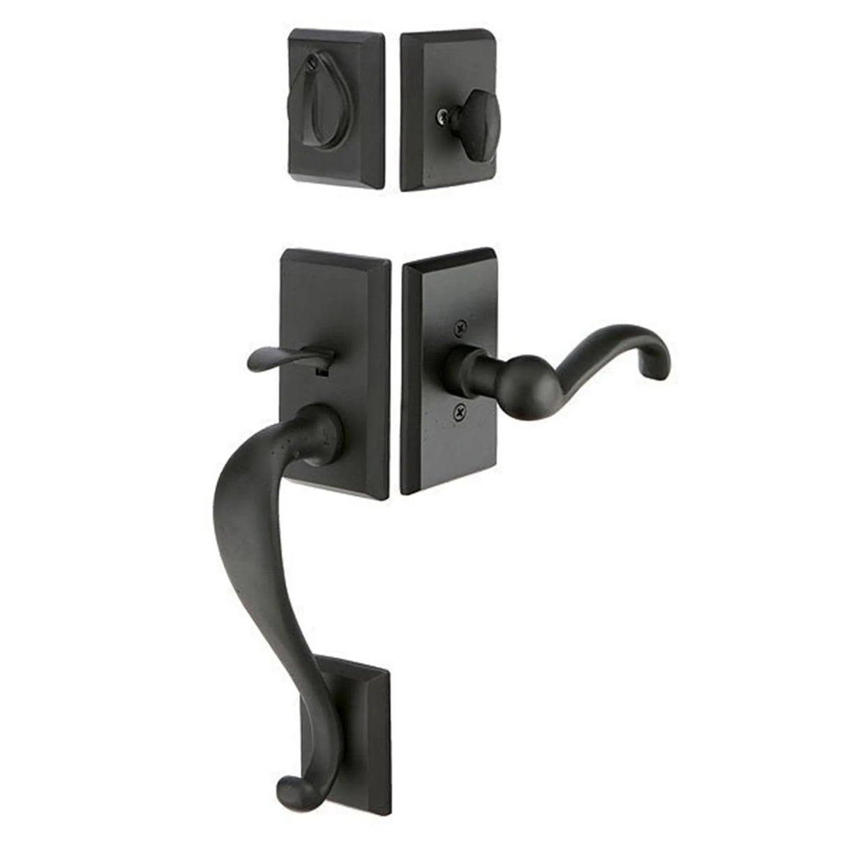 Black front entry door handle set with deadbolt and grip handle, exterior door hardware, front view