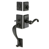 Black front entry door handle set with deadbolt and grip handle, exterior door hardware, front view
