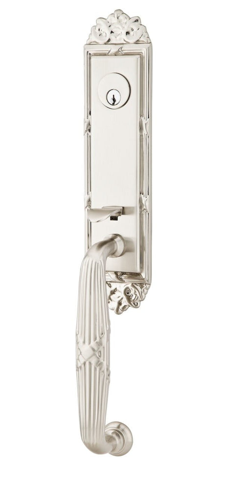 Exterior door handle set with deadbolt and pull handle, modern entry hardware, front view