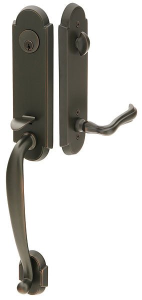 Front entry door handle set with deadbolt and grip handle, exterior hardware, front view