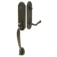 Front entry door handle set with deadbolt and grip handle, exterior hardware, front view