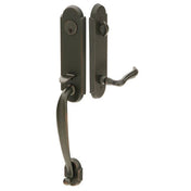 Front entry door handle set with deadbolt and grip handle, exterior hardware, front view