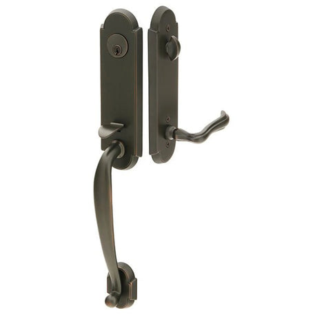 Front entry door handle set with deadbolt and grip handle, exterior hardware, front view