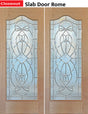 Exterior double solid wood entry doors with classic panel design, front view