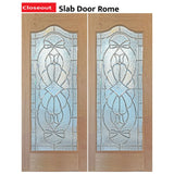 Exterior double solid wood entry doors with classic panel design, front view