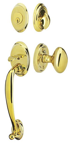 Front entry door handle set with deadbolt and grip handle, exterior hardware, front view