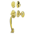 Front entry door handle set with deadbolt and grip handle, exterior hardware, front view
