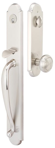 Front entry door handle set with deadbolt and grip handle, exterior hardware, front view