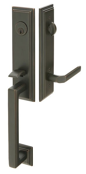 Exterior door handle set with deadbolt and pull handle, modern entry hardware, front view
