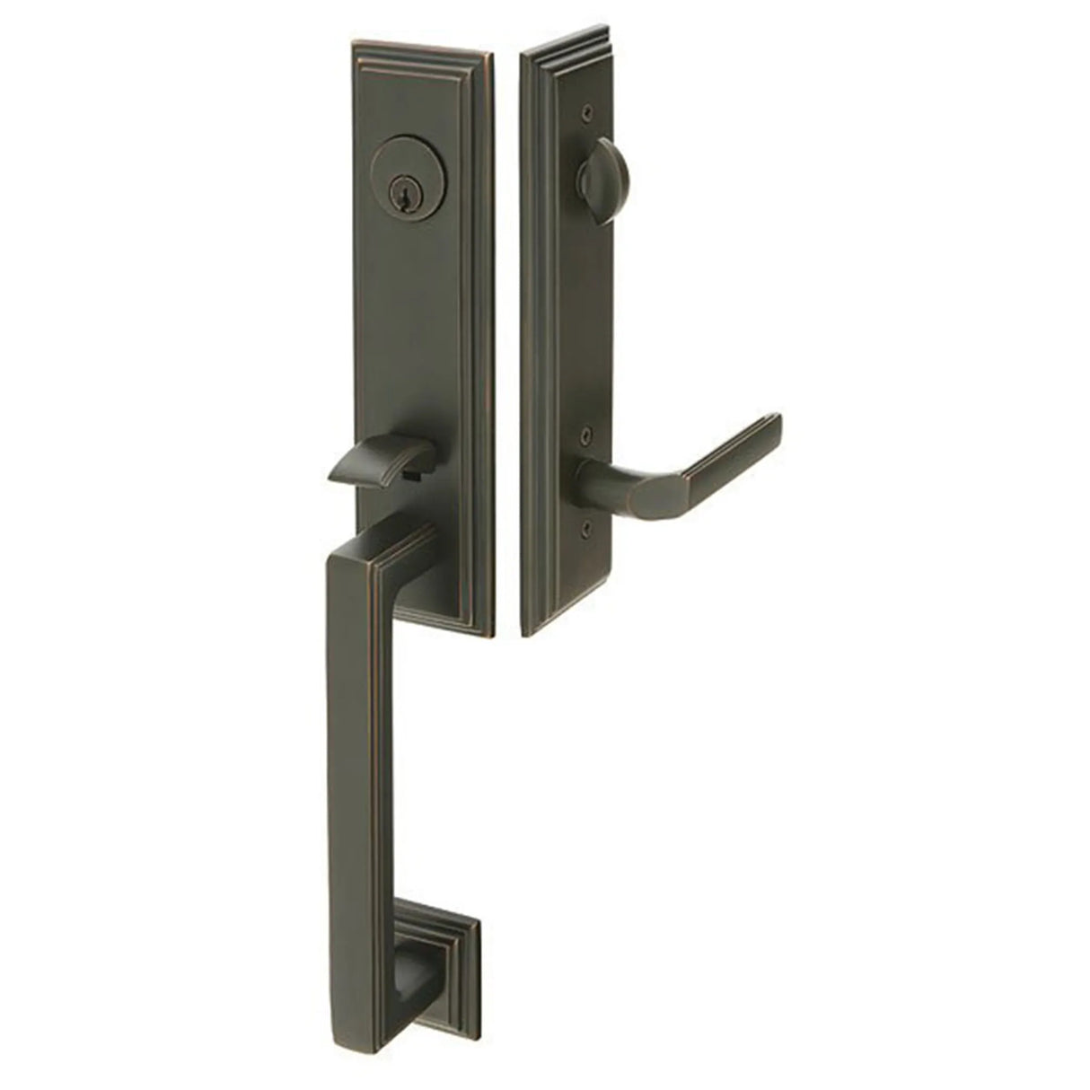 Exterior door handle set with deadbolt and pull handle, modern entry hardware, front view