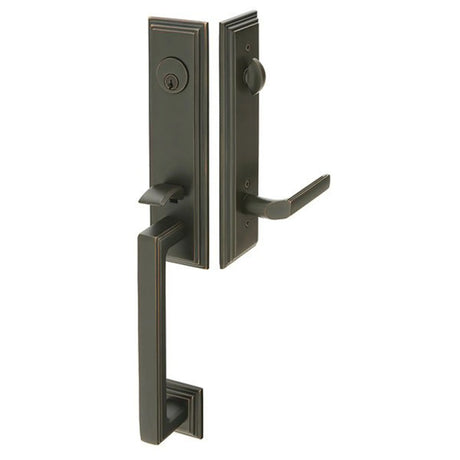 Exterior door handle set with deadbolt and pull handle, modern entry hardware, front view
