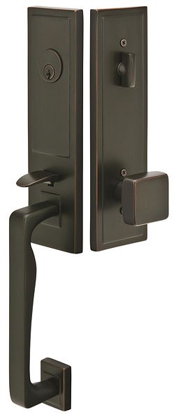 Exterior door handle set with deadbolt and pull handle, modern entry hardware, front view
