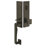 Exterior door handle set with deadbolt and pull handle, modern entry hardware, front view