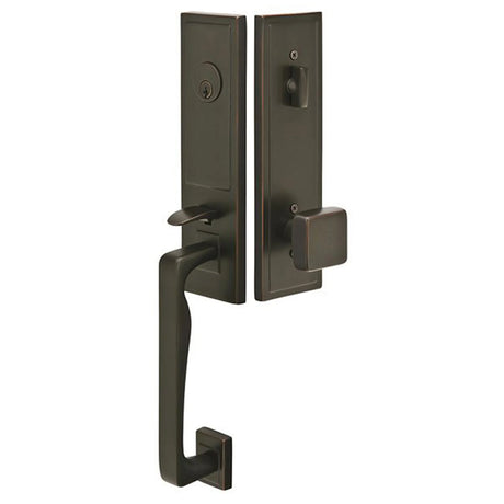 Exterior door handle set with deadbolt and pull handle, modern entry hardware, front view