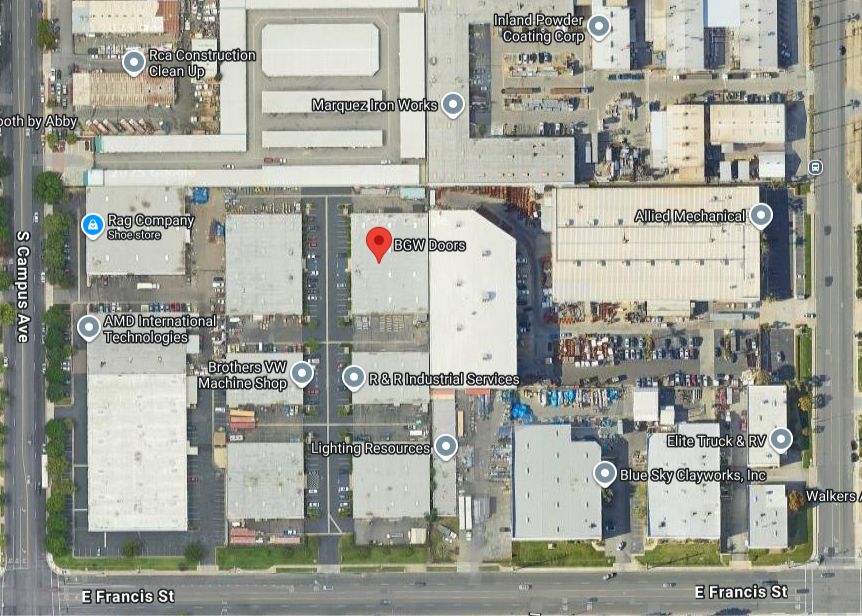 An aerial-style map view of a BGW Doors showrooom locations