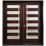 Modern solid wood double front entry door with horizontal frosted glass inserts and metal handles