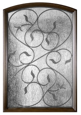 Close-up of rain glass panel on fiberglass entry door showing textured privacy glass detail and light diffusion