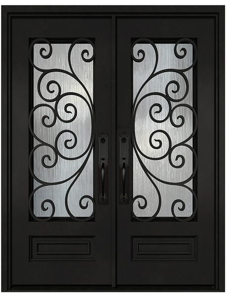 Black iron double front entry door with glass panels, modern exterior straight-on view