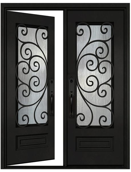 Black iron double front door shown in left-hand inswing configuration with glass panels and steel frame