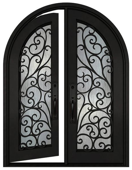 Black iron double entry door in left-hand inswing configuration with full glass panels and steel frame