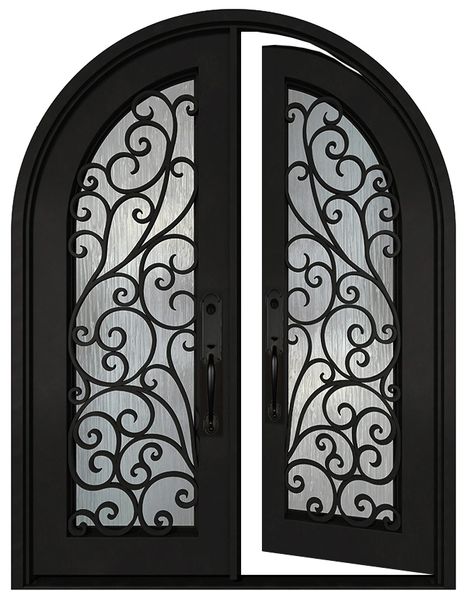 Black iron double front door in right-hand inswing orientation with glass panels, exterior perspective